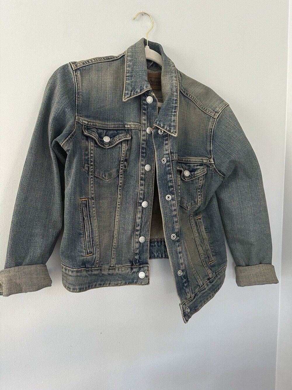 Levis Trucker Jacket Womens M Blue Dark Wash Stretch Denim American